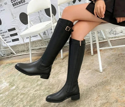 Winter Knee High Brown Boots Square Heel Zip Belt Buckle Gothic Style For Women