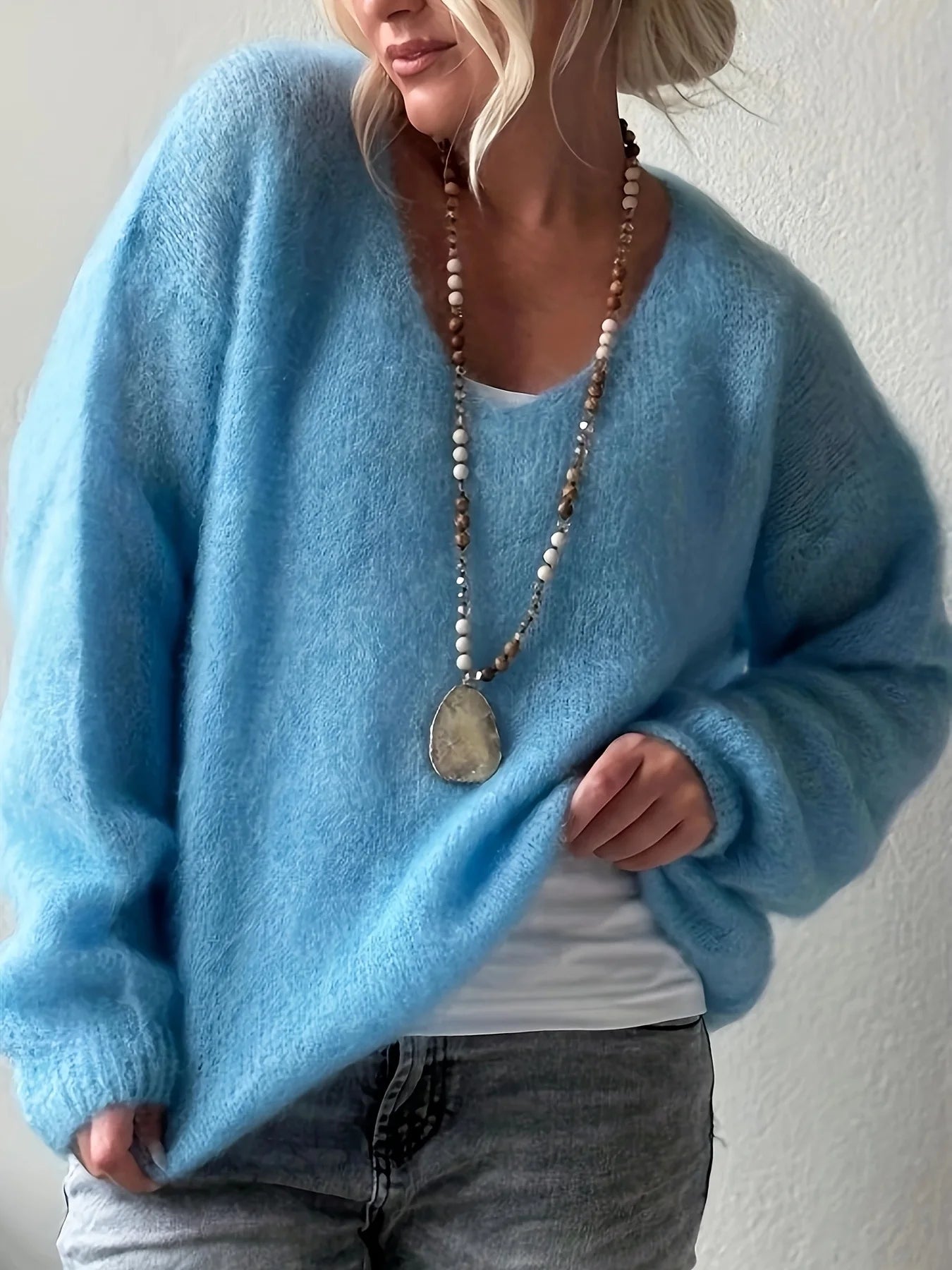 2025 Women S Solid Color Long Sleeved V Neck Cotton Linen Loose Top Fashionable Casual Sweater