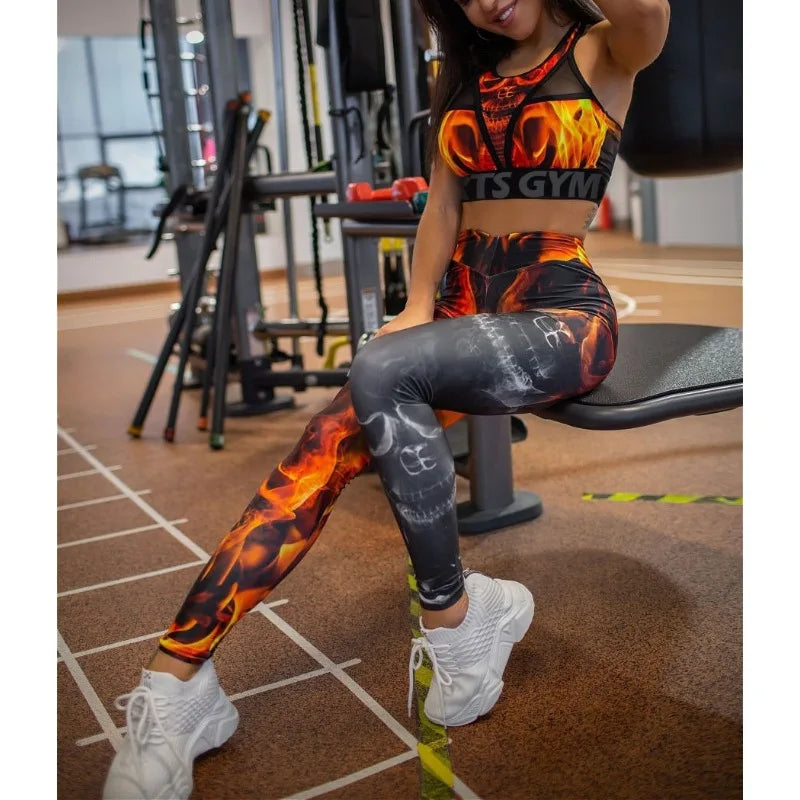 Red Printed Mesh Sportswear Set Tank Top Leggings For Women
