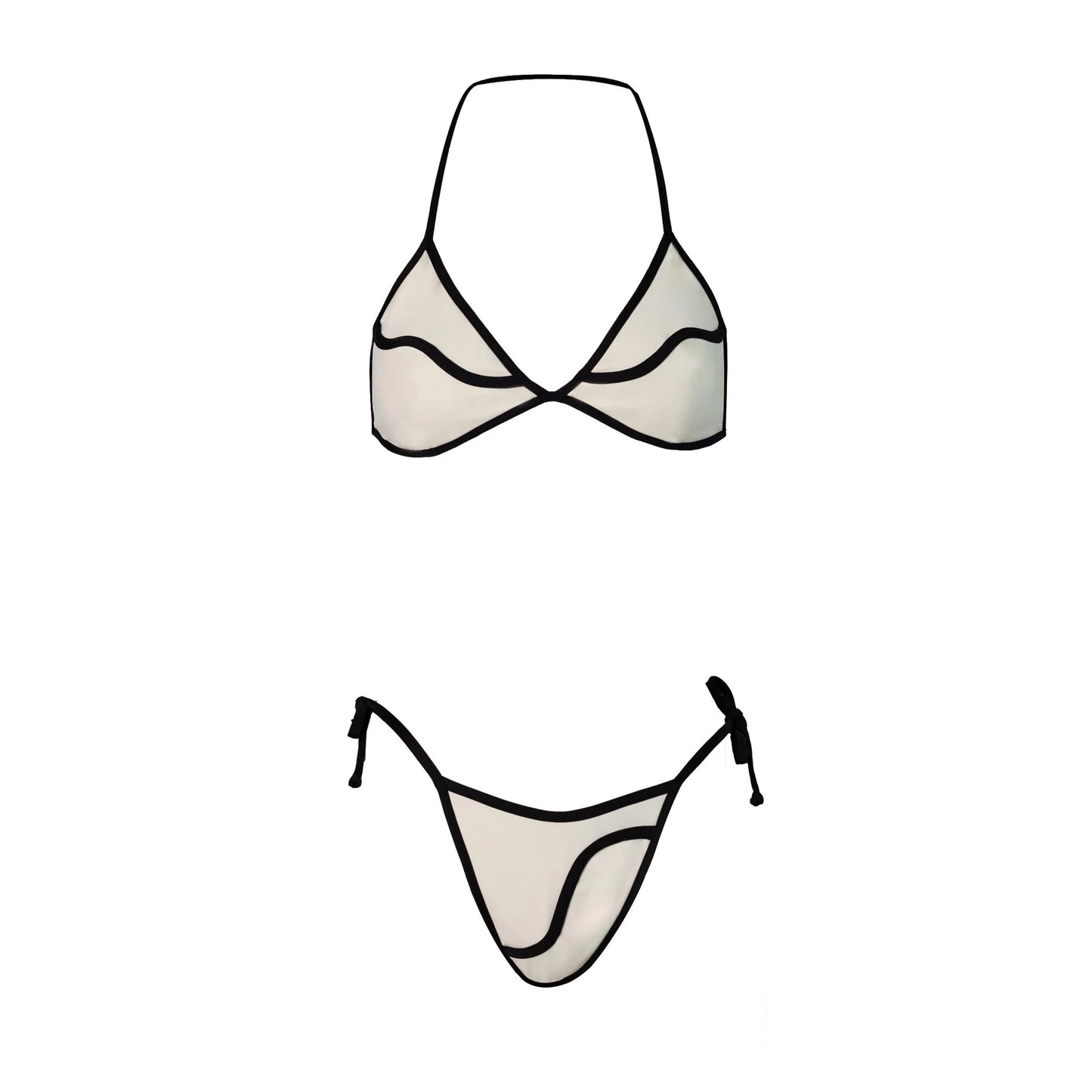Cream and Black Contrast Trim Bikini with Matching Skirt and Tote Bag Aesthetic