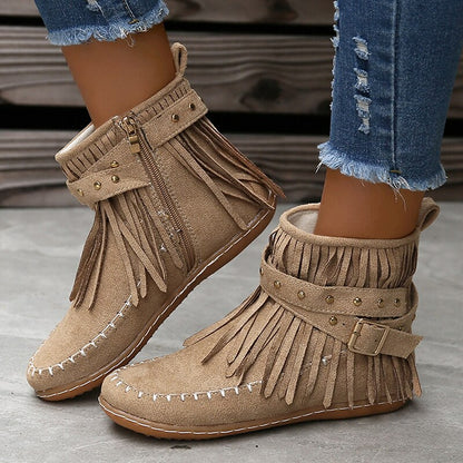 Retro Women’s Tassel Short Boots – Round Toe, Rivet Buckle Flat Ankle Boots, Casual Winter Warm Shoes for Women