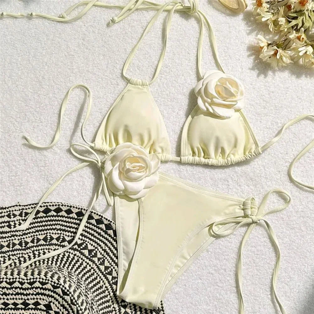 Sophisticated Black Bikini with White 3D Rose Details Aesthetic