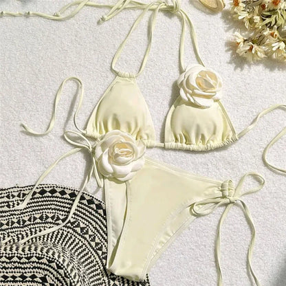 Sophisticated Black Bikini with White 3D Rose Details Aesthetic