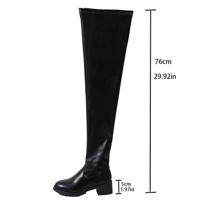 Black Over The Knee Boots for Women 2025 – PU Leather Thigh High Boots with Thick Heel & Platform