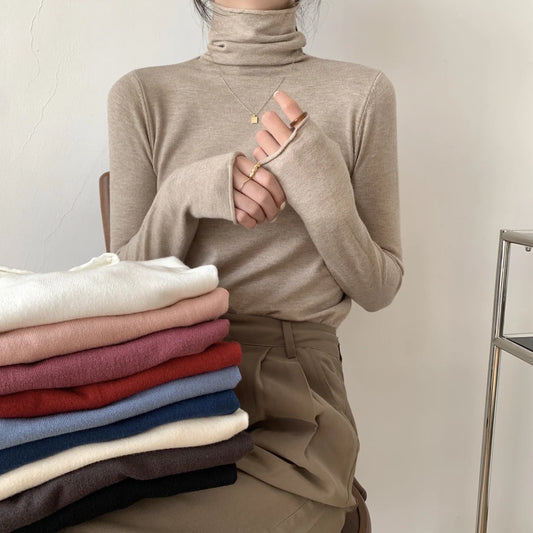 Autumn Winter Turtleneck Sweater For Women Slim Fit Basic Pullover Fashion Korean Knit Top With Puff Sleeves Stretch
