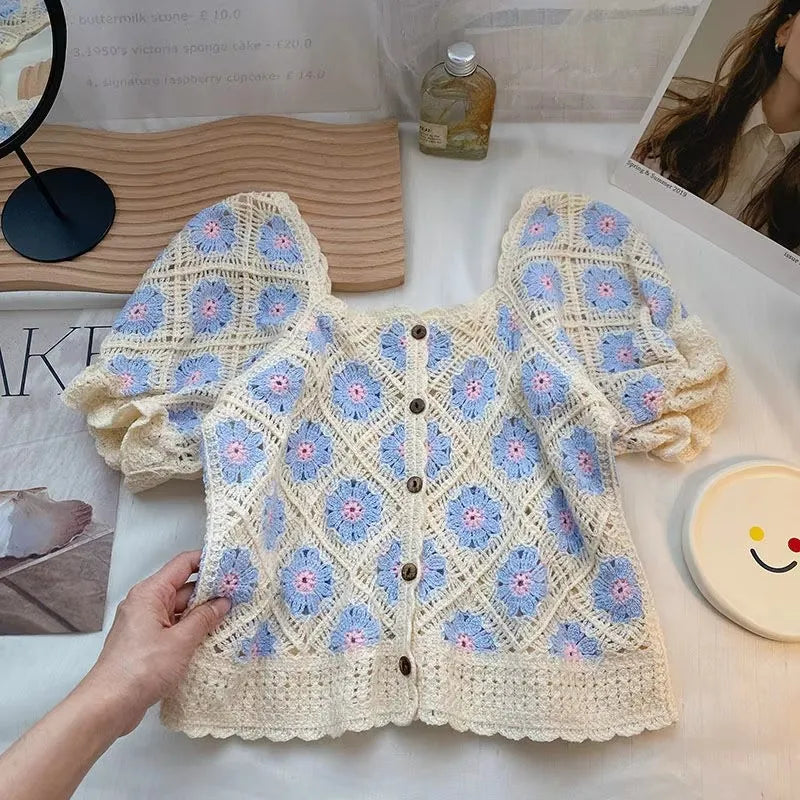 Embroidered Crop Blouse With Hollow Out Daisy Floral Design Women S Summer Vacation Top