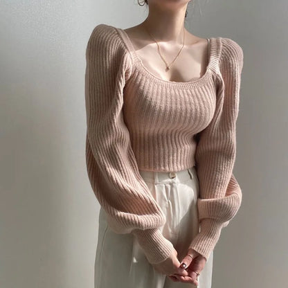 Vintage Square Neck Sweater Puff Sleeve Fitted Knit Jumper Women Pullover Autumn Winter Korean Fashion Outfit