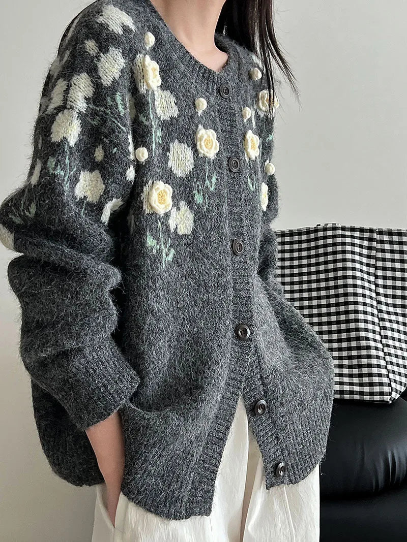 Floral Embroidered Knit Cardigan – Autumn Casual Sweater for Women