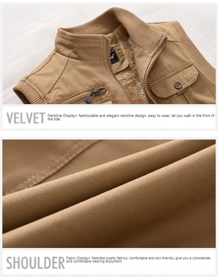 Men's Military Fleece Vest: Multi-Pocket Sleeveless Jacket for Winter Warmth in Black