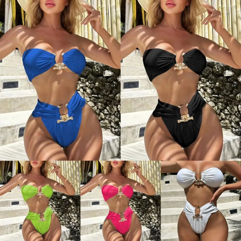 2025 Solid Strapless Two Piece Bikini Swimsuit Womens Swimwear Bathing Suit Beachwear