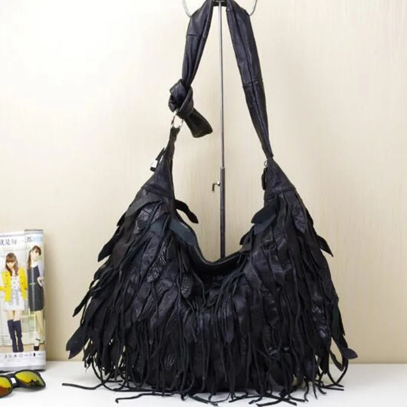 Tassel Black Leather Messenger Bag