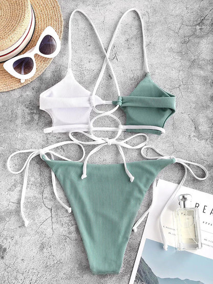 Elegant Black Lace-Up Ribbon Detail Bikini Aesthetic