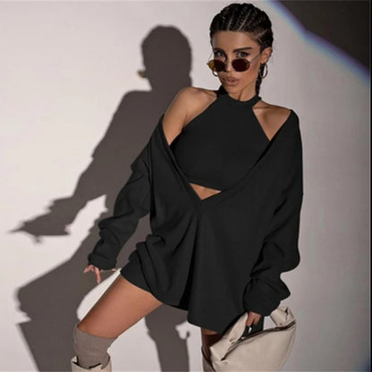 Elegant 2-Piece Knitted Set for Women – V-Neck Long Sleeve Crop Top & Pullover Streetwear Outfit, Autumn Euphoria Style