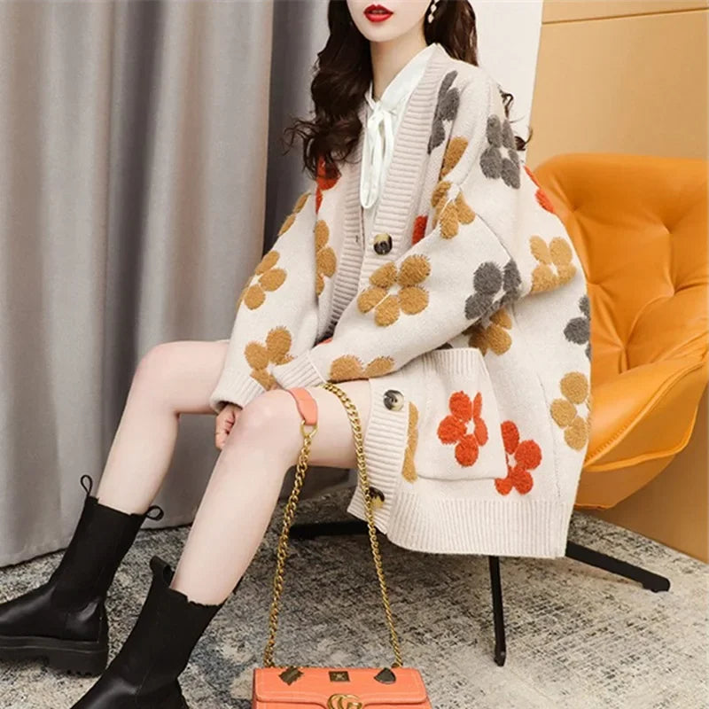 Vintage Long Sleeve Printed Cardigan V Neck Button Up Floral Sweater With Pockets Spring Autumn Casual Women S Clothing