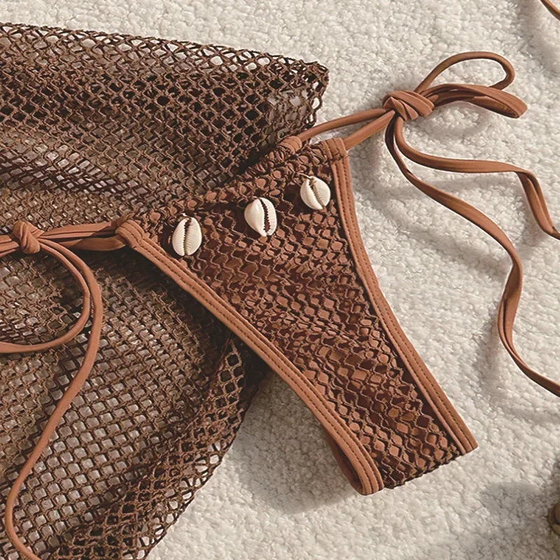 Chic Brown Mesh Bikini and Sarong Set for the Ultimate Coastal Aesthetic