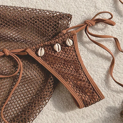 Chic Brown Mesh Bikini and Sarong Set for the Ultimate Coastal Aesthetic