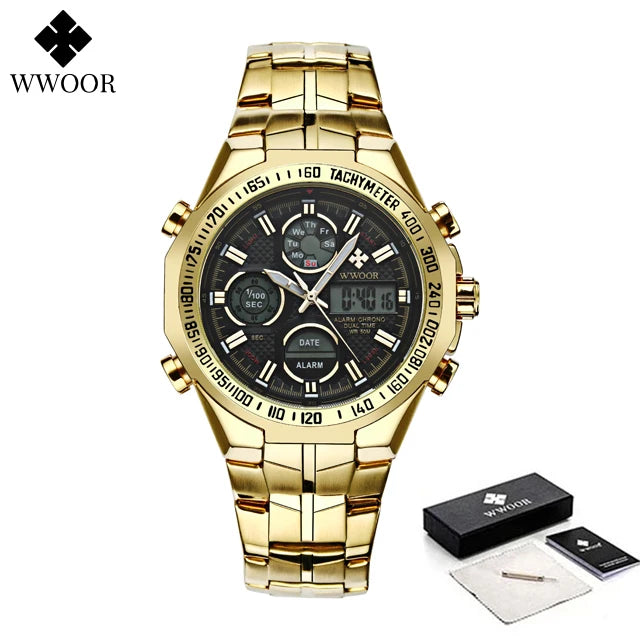 Mens Dual Rich Display Stainless Steel Golden Class Watches