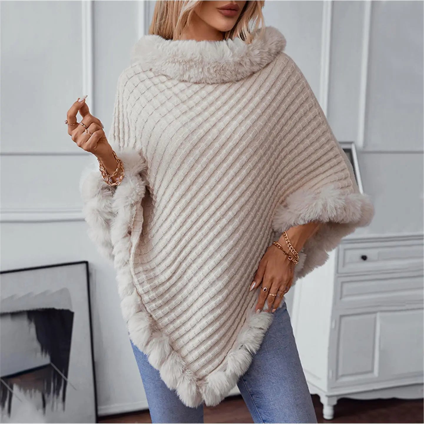 Elevated Comfort: The Luxe Fur-Trimmed Batwing Cardigan