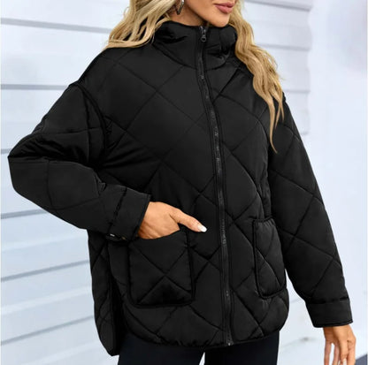 Autumn Winter European Style Womens Cotton Padded Coat Round Neck Loose Fit Solid Color Diamond Check Pattern Casual Outerwear