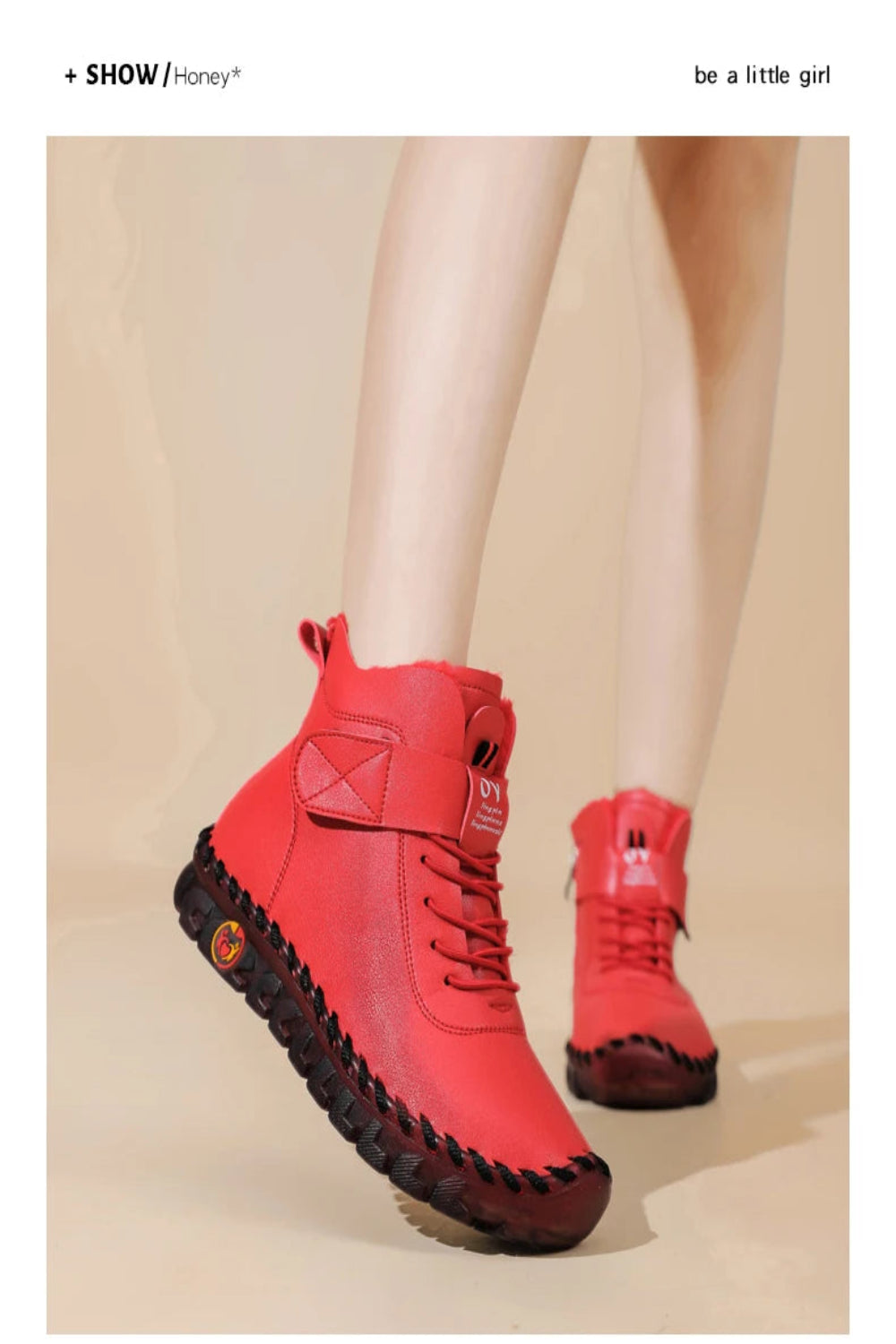 Red high-top sneakers with black soles on a beige background