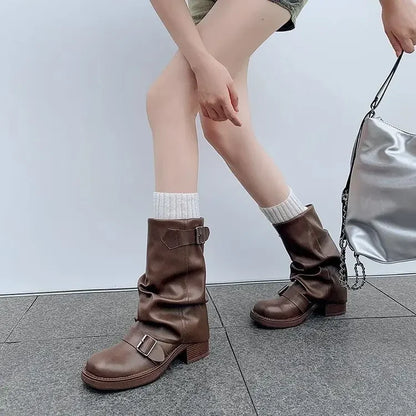 Pleated Buckle Pu Leather Mid Calf Women Boots