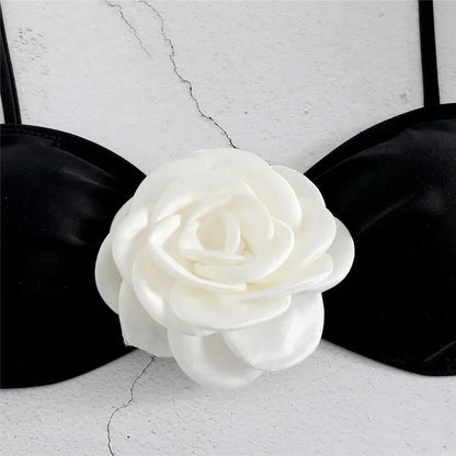 Sophisticated Black Bikini with White 3D Rose Details Aesthetic