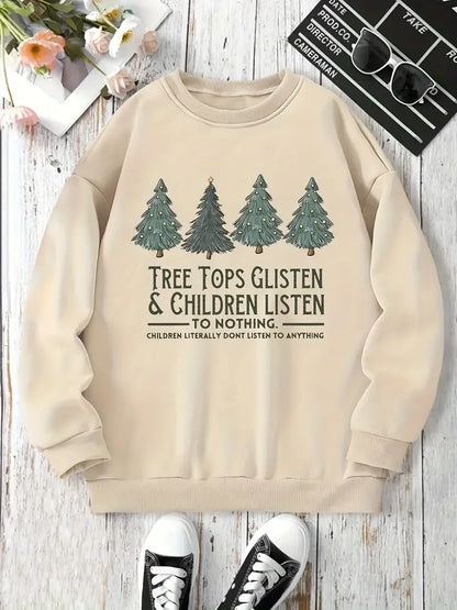 Women's Christmas Tree Sweatshirt – 'Tree Tops Glisten' Fleece Hooded Casual Hoodie, Autumn Loose Fit