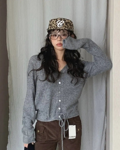 V-Neck Drawstring Knit Cardigan for Women – Slimming Autumn Outerwear