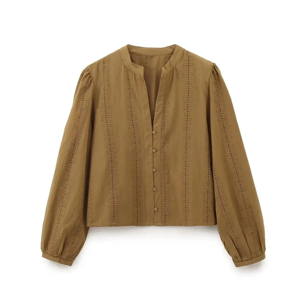 Embroidered V Neck Blouse Modern Fitted Shirt For Women