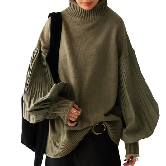 Lantern Sleeve Autumn Knitted Pullover Sweater For Women Patchwork Turtleneck Pleated Lazy Oaf Loose Top Jacket