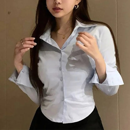 2024 Spring Office Lady White Shirt Korean Style Slim Button Up Work Blouse For Women