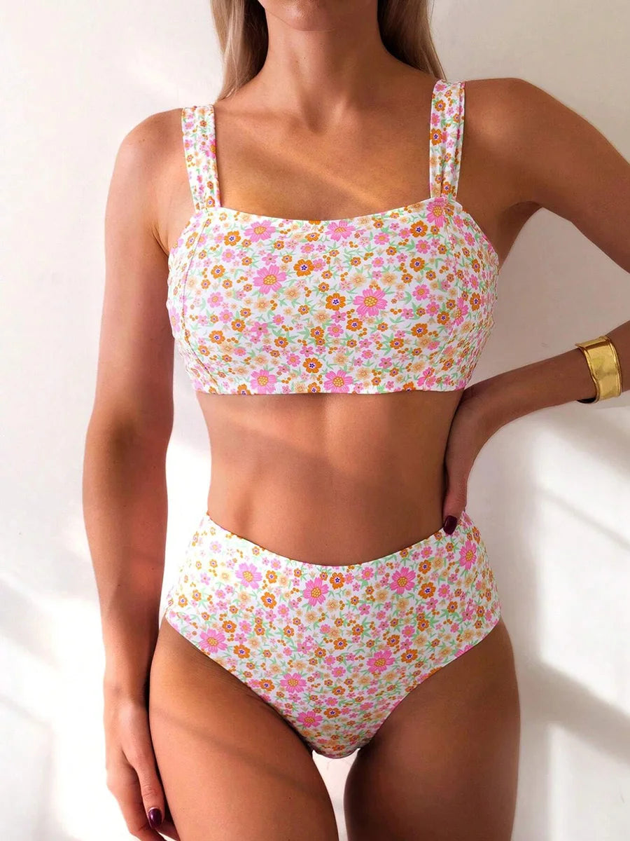 Pink Ditsy Floral Print High Waist Square Neck Bikini Aesthetic