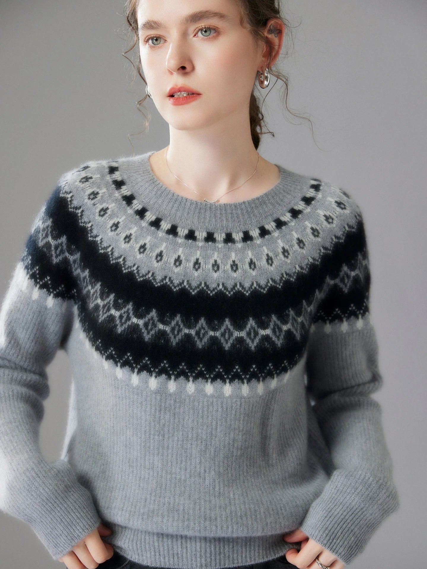 Winter Aesthetic: Grey Fair Isle Crewneck Knit Sweater