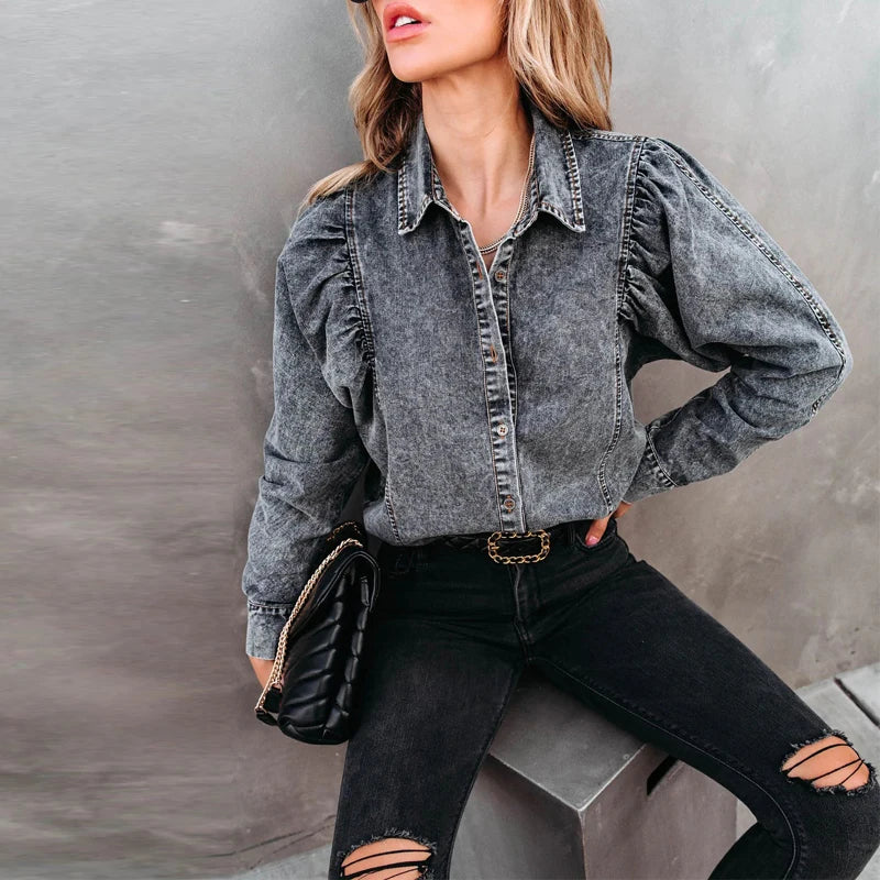 Refined Casual: Lace-Up Denim Three-Quarter Sleeve Cropped Blouse