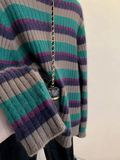 Oversized Sweater Striped Turtleneck Knit Pullover