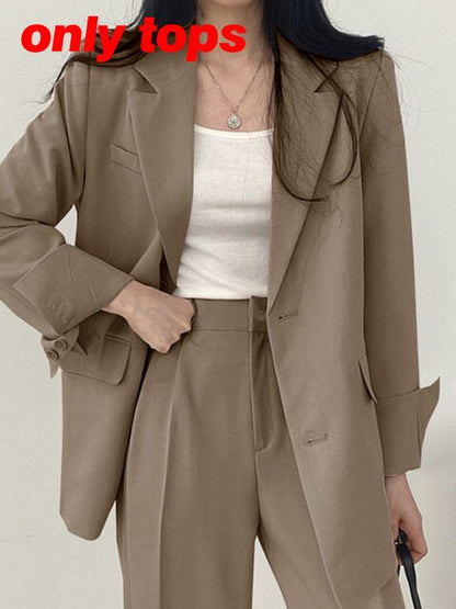 Casual Solid Blazer Suit Women High Waist Straight Pants Office Outfits