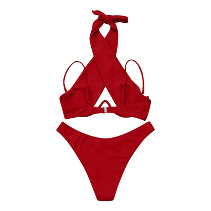 Split Colored Ring Linked Open Back Bikini For Women