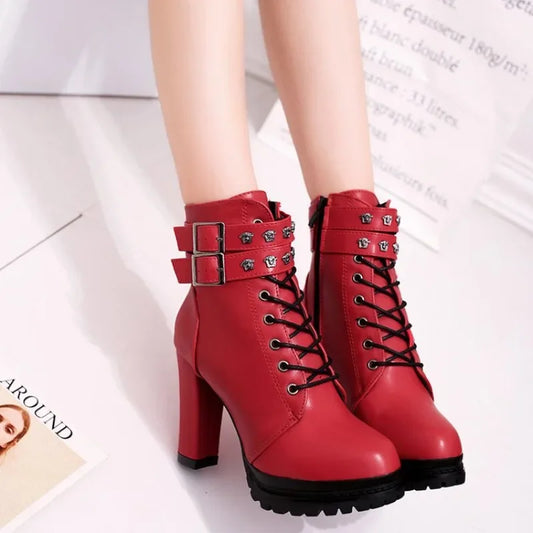 Womens Platform Rivet Ankle Boots 16cm Stiletto High Heel Lace Up Spike Booties Bold Stylish Shoes