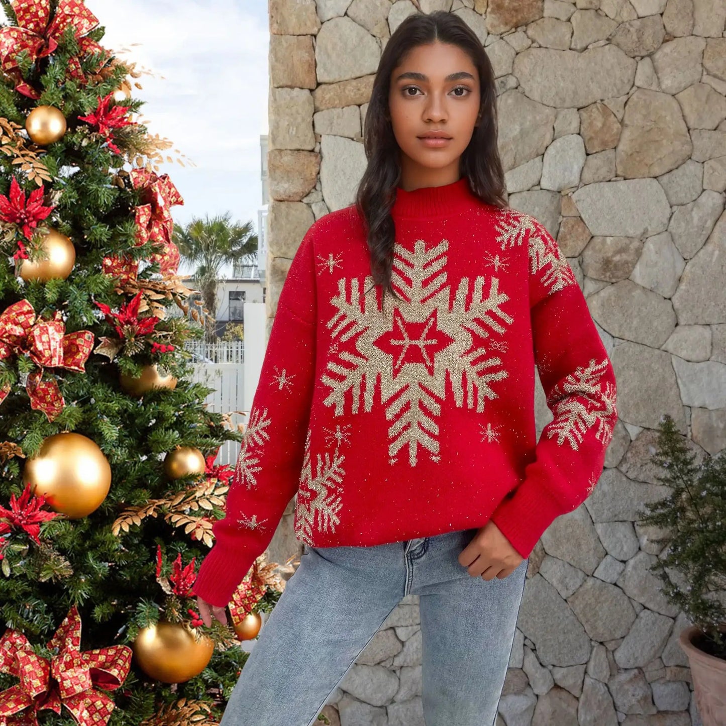Christmas Knit Sweater Elegant Snowflake Deer Pattern