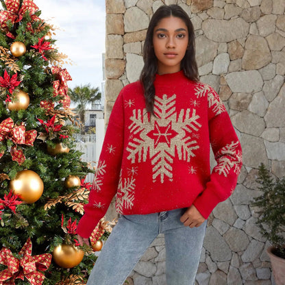Christmas Knit Sweater Elegant Snowflake Deer Pattern