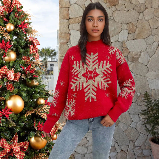 Christmas Knit Sweater Elegant Snowflake Deer Pattern