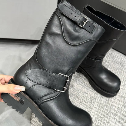 Womens Knee High Buckle Strap Boots Retro Pu Leather Rivet Thick Heel Motorcycle Boots