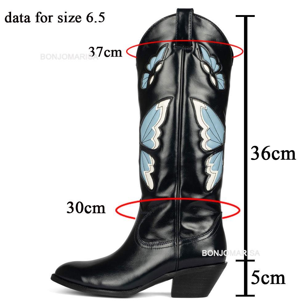 Womens Butterfly Embroidered Pointed Toe Stacked Heel Mid Calf Boots