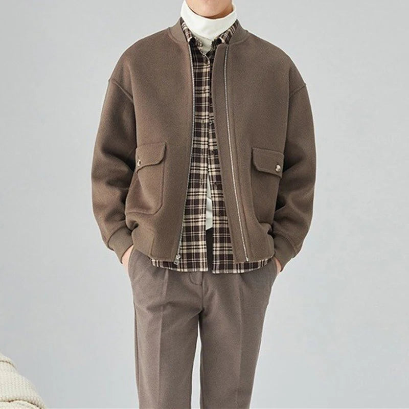 Winter Woolen Jacket for Men: Thick and Stylish Autumn Outerwear with Patch Pockets