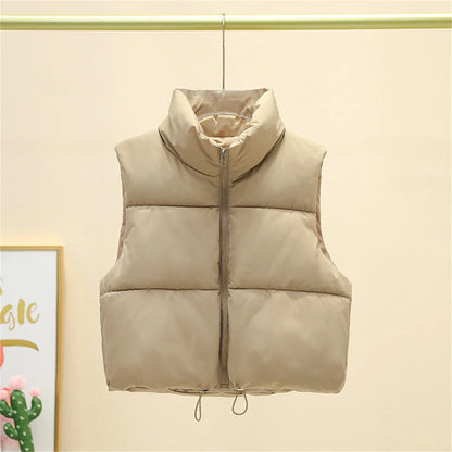Fall Winter Womens Fashion Cropped Vest Coat Black Stand Collar Zipper Waistcoat Stylish Casual Outerwear For Ladies