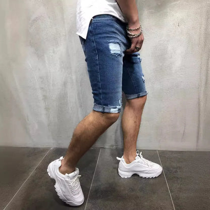 Mens Elastic Waist Ripped Summer Jean Shorts