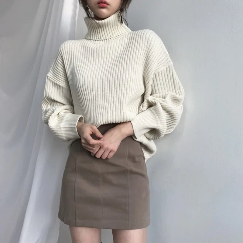 Autumn Winter Elegant Contrast Turtleneck Sweater Womens Loose Fit Long Sleeve Knitted Pullover Top