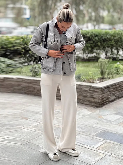 2025 Spring Womens Personalized Graffiti Print Lapel Cardigan Shirt Lantern Sleeve Trendy Top