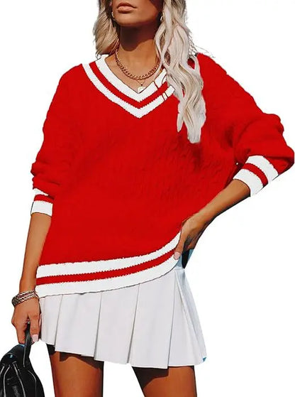 Autumn Winter V Neck Pullover Striped Sweater For Women Loose Comfortable Color Blocking Casual Trendy Knitted Tops