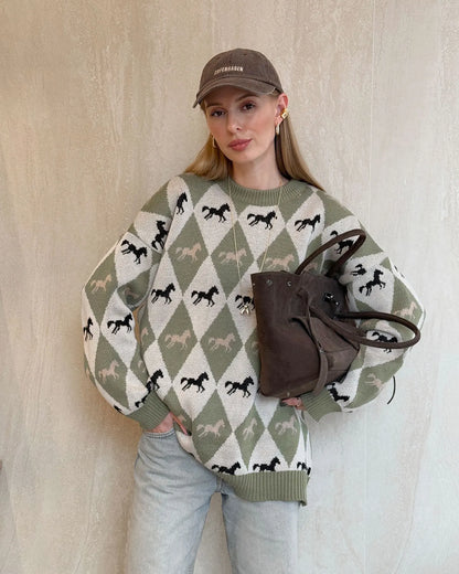 Colorful Patchwork O Neck Long Sleeve Women Sweater